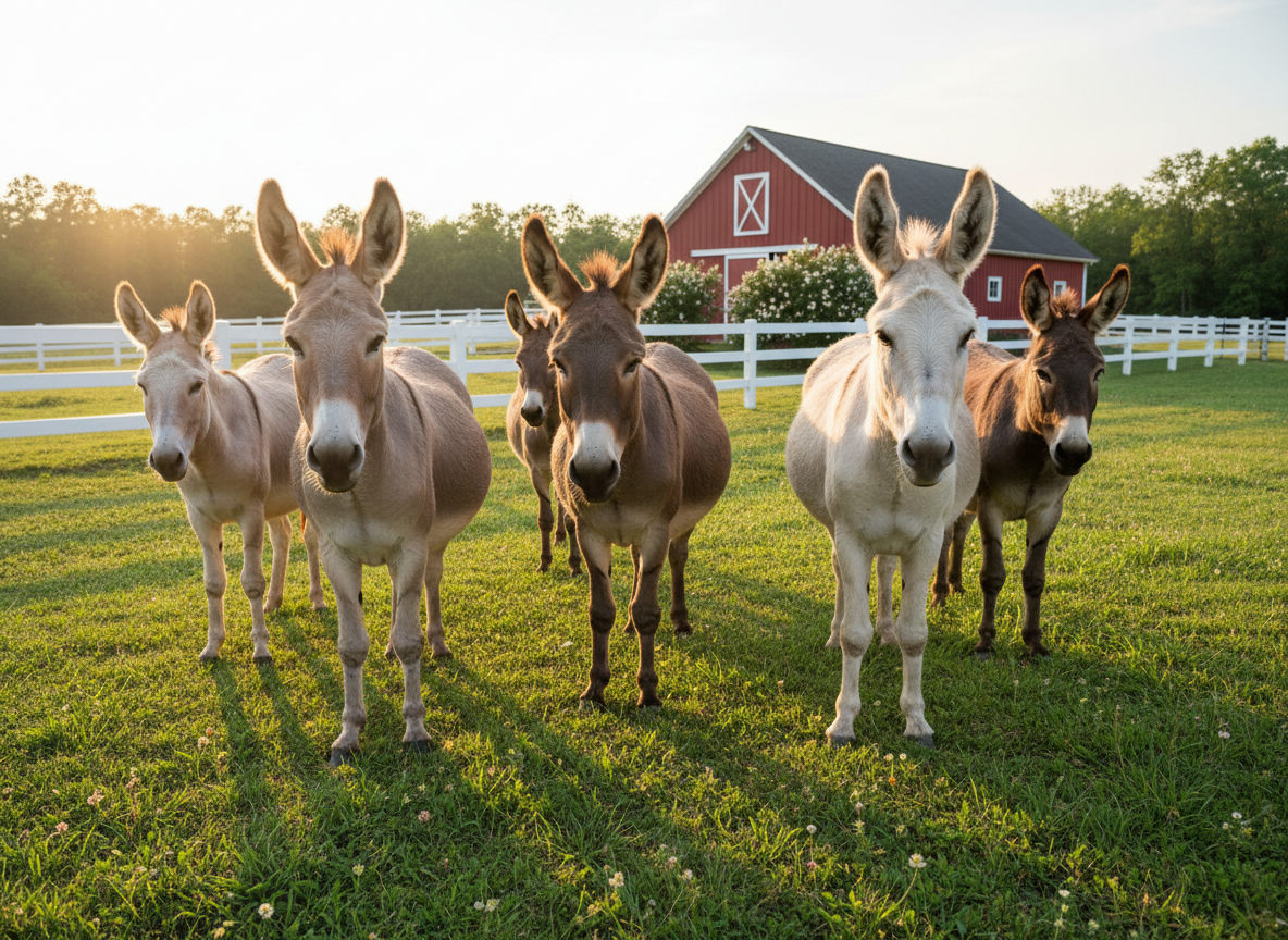 A small group of healthy donkeys in varied shades of soft gray, brown, and cream stand together in a lush green pasture, their coats clean and well-groomed, ears perked forward in relaxed curiosity. Behind them, safe wooden fencing and a neat red barn suggest a secure sanctuary setting. Late afternoon golden sunlight bathes the scene, catching gentle highlights on their manes and casting long, soft shadows across the grass. Photographed at eye level with a moderate depth of field, the donkeys are in crisp focus while the background softly blurs, creating a calm, professional, and welcoming atmosphere that conveys lifelong care and protection.