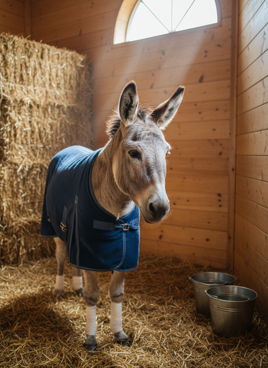 A gentle, older donkey with a salt-and-pepper coat and kind, dark eyes stands in a spacious, straw-lined rehabilitation stall, its hooves carefully bandaged and body wrapped in a cozy fleece blanket. Smooth wooden walls, neatly stacked hay, and clean metal buckets frame the environment, emphasizing order and safety. Soft, diffused daylight filters through an open stable window, illuminating dust motes in the air and creating a warm, serene glow. Captured from a three-quarter angle with a shallow depth of field, the donkey is the clear focal point, conveying compassion, recovery, and expert care in a realistic, documentary-style photograph.