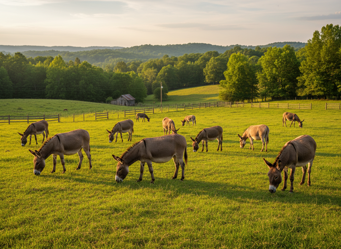 Donkeys grazing peacefully in a sunlit green pasture at Amberwood Sanctuary