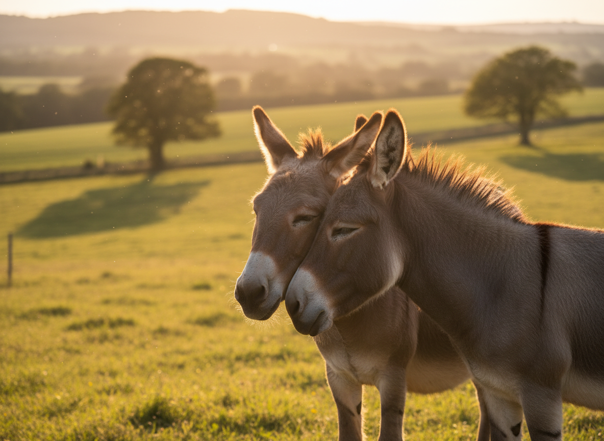 Two donkeys nuzzling together in the pasture