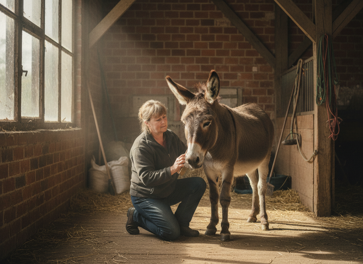 A caretaker tending to a rescued donkey at the sanctuary
