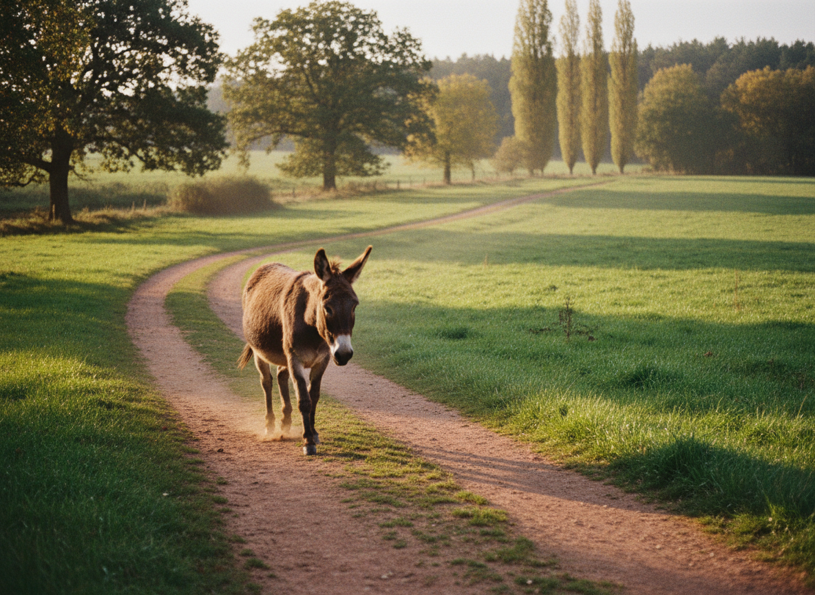 A donkey walking through the sanctuary fields