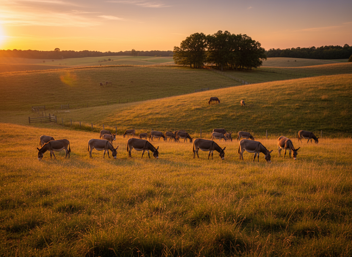 Documentary-style photograph of a group of donkeys grazing on rolling Georgia sanctuary land at golden hour, warm earthy tones, soft natural light
