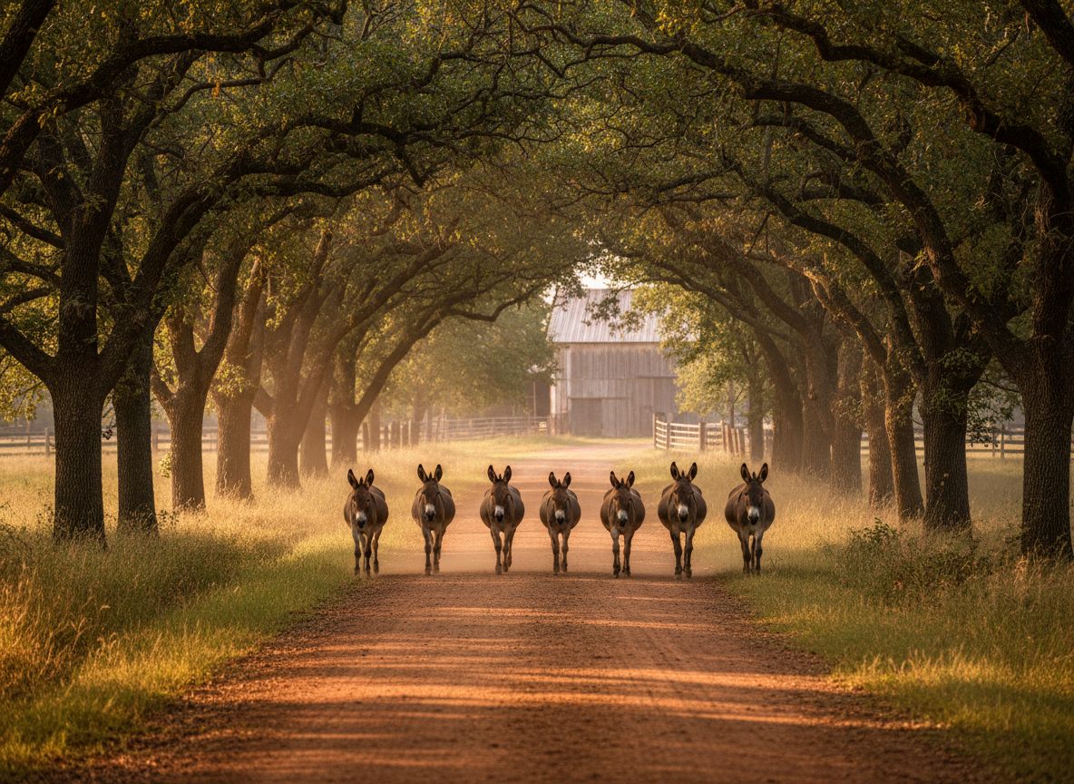 Donkeys walking down a tree-lined dirt lane at Amberwood Sanctuary