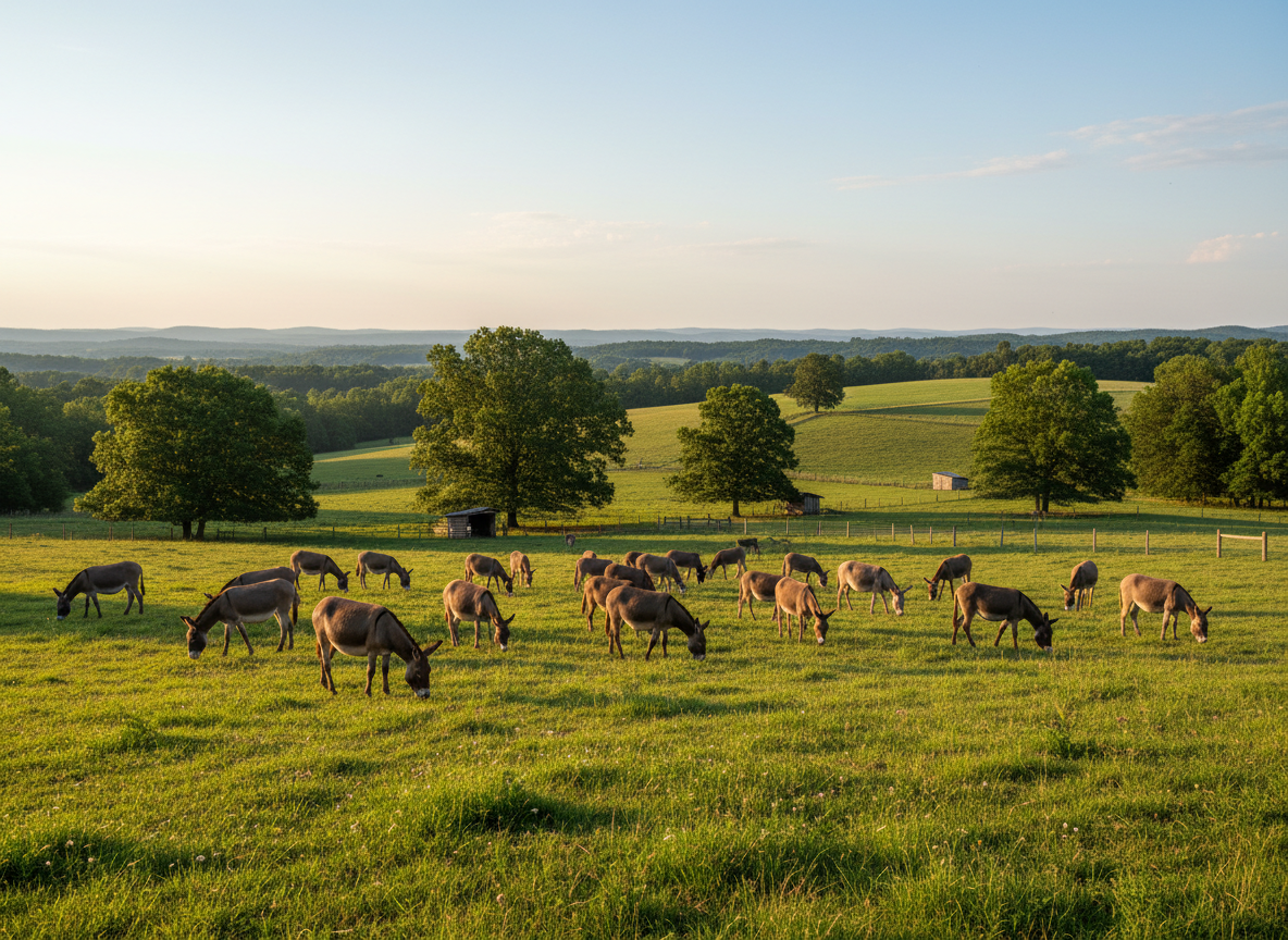 A herd of donkeys grazing in a green pasture